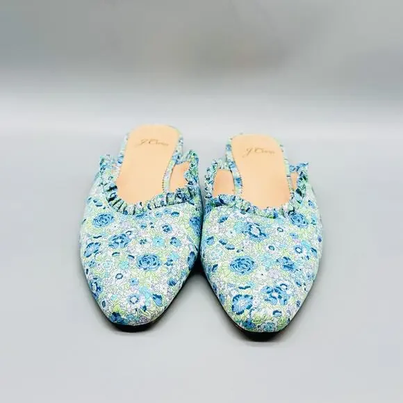 J Crew Shoes Women 8 Blue Green Floral Ruffle Trim Mule Flat Pointed Toe Slip On - Picture 3 of 12
